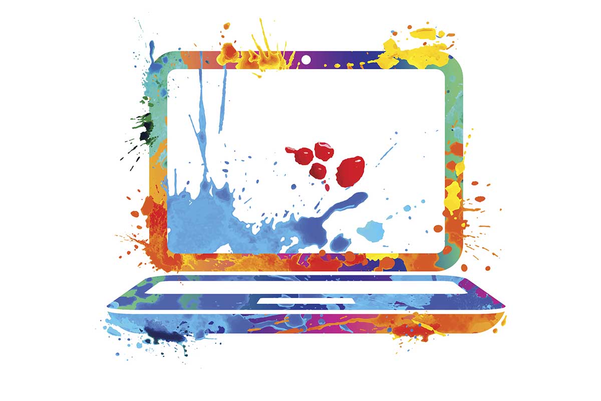 Laptop graphic with minimalist, colorful, paint splatter design, for Healing With Art, hosted by Art4Healing event